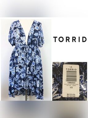 🆕TORRID - 1/2X - NWT - FLORAL BLUE WHITE MAXI HI-LO KIMONO CARDIGAN / KAFTAN